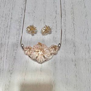 Vintage Sterling Silver Hawaiian Hibiscus Floral Necklace and Earings 925